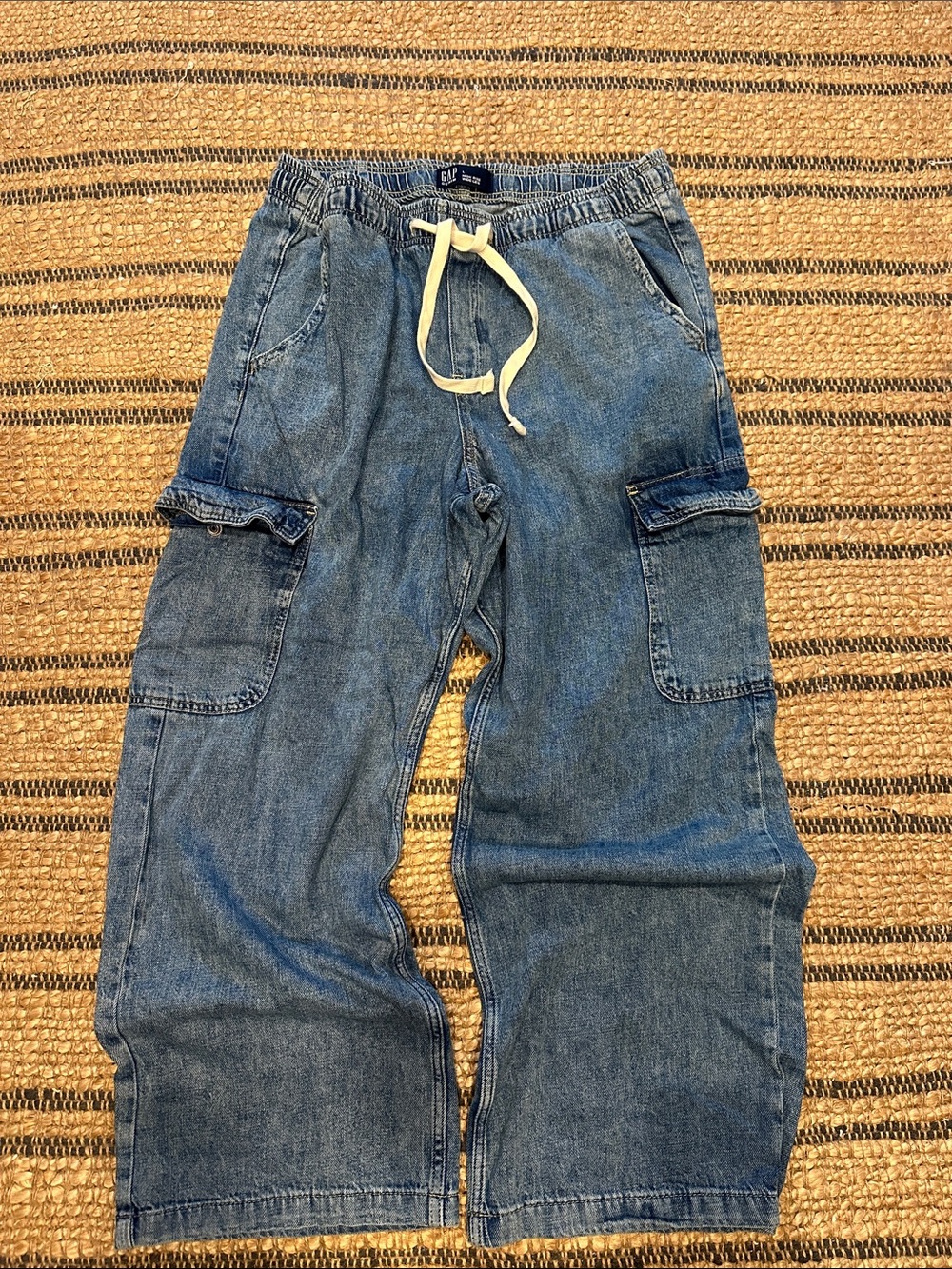 GAP Blue Denim Cargo Pants with Drawstring Waist 17 across